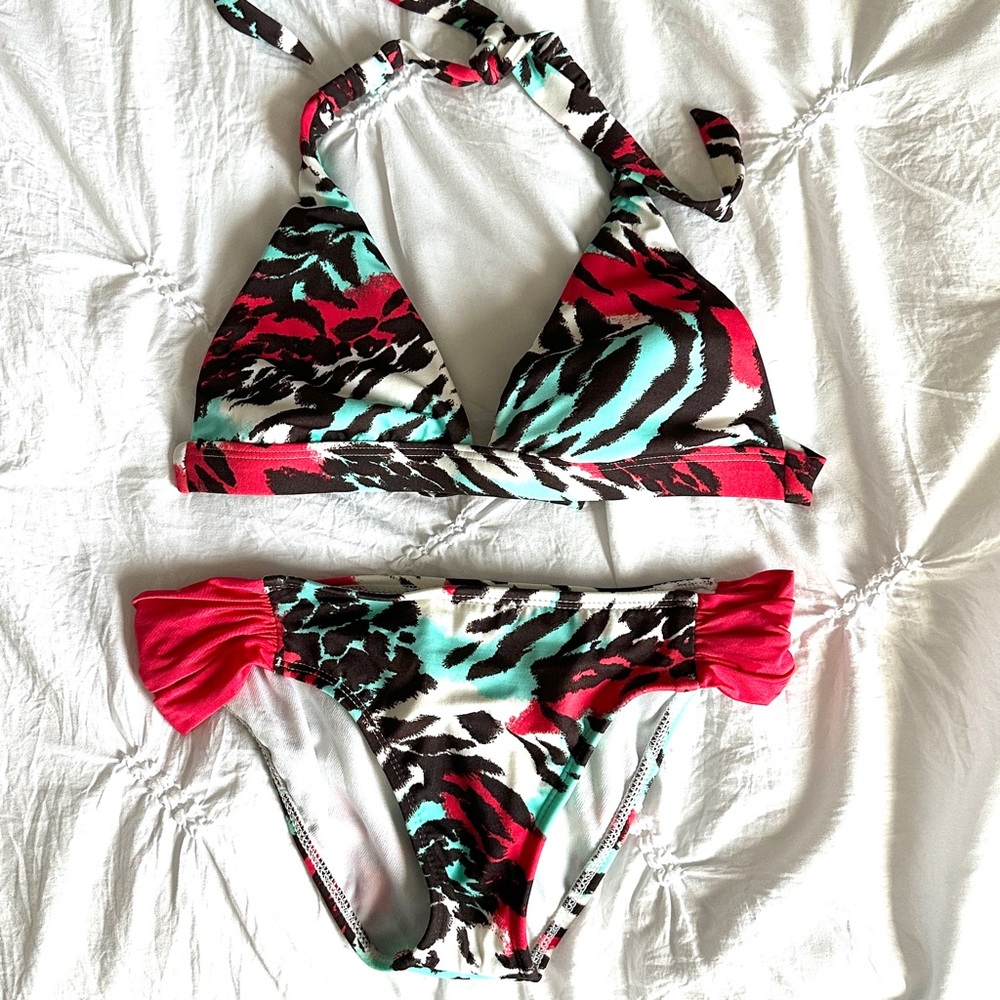 RADIO FIJI |  Two Piece Halter Bikini Set Animal Print | Red Blue Black |  Small